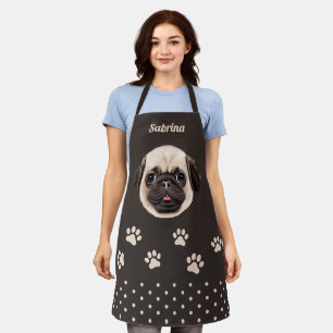 Tablier Visage de chien de Carlin mignon Nom personnalisé