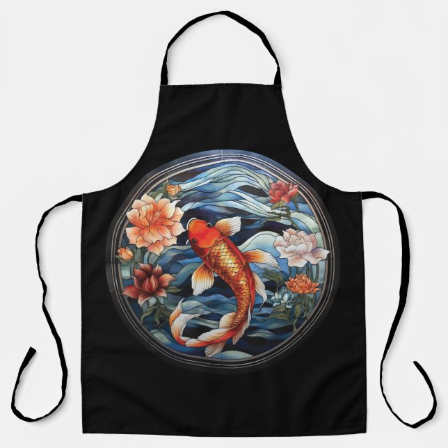 Tablier Vitrail asiatique style Koi Poisson et Camellias (Recto)