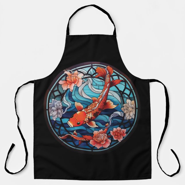 Tablier Vitrail asiatique style Koi Poisson et Camellias (Recto)