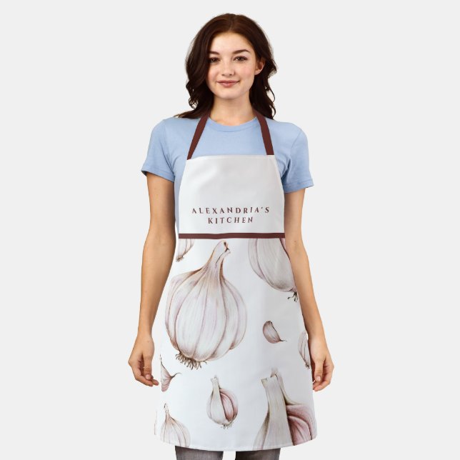 Tablier Votre nom + cuisine | Motif d'ail blanc (Porté)