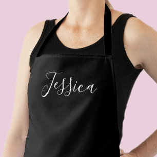 Tablier Votre nom ou mot Élégant script blanc sur noir