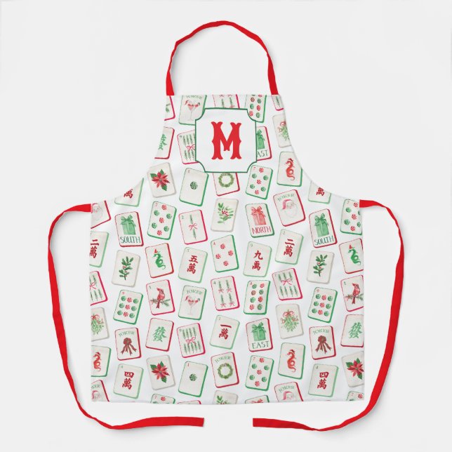Tablier Watercolor Mahjong Christmas Tiles Monogram (Recto)