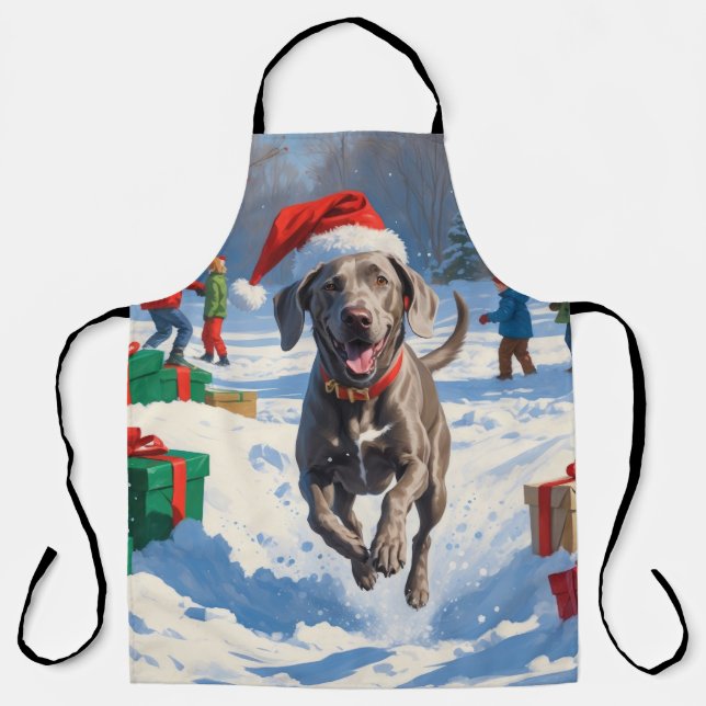 Tablier Weimaraner courant dans la neige avec un chapeau d (Recto)