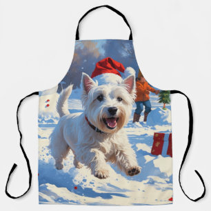 Tablier Westie courant dans la neige avec un chapeau de No