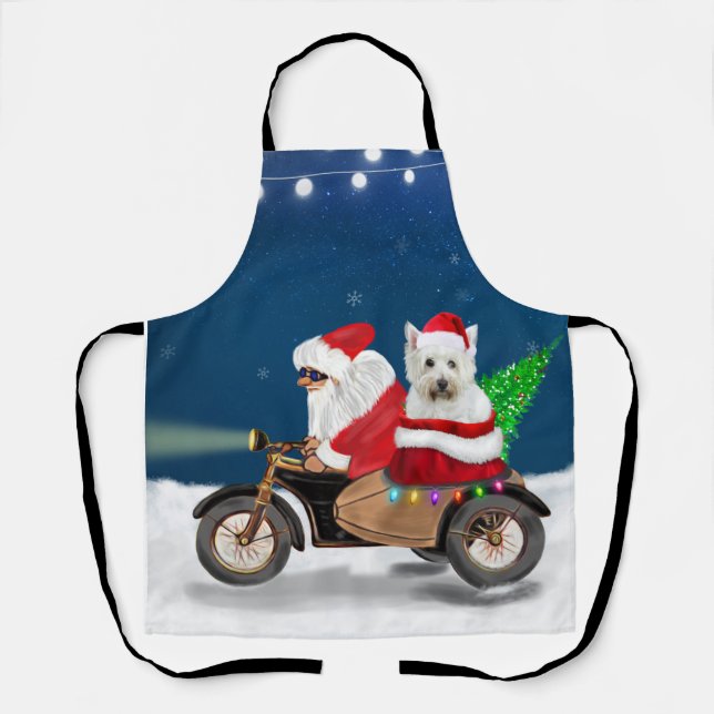 Tablier Westie's Festive Ride : Le Père Noël sur une moto (Recto)