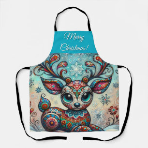 Tablier Whimsical Big Eyes Christmas Reindeer Folk Art