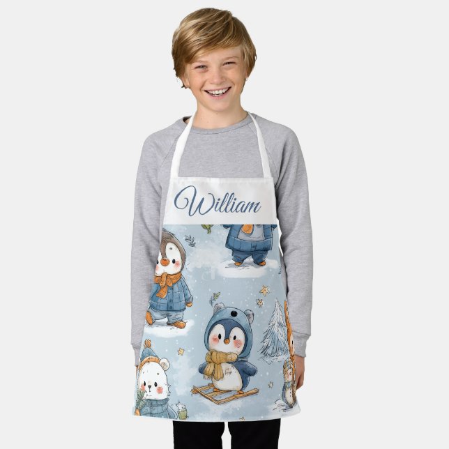 Tablier Whimsical Skating Penguins Kids Apron | Custom Nam (Porté)