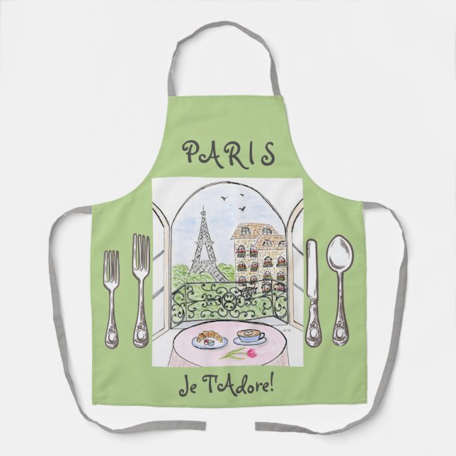Tablier Whimsical Watercolor Paris Eiffel Tower Cutlery (Recto)