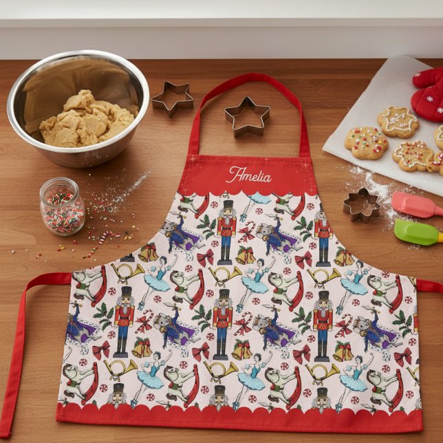 Tabliers de Noël Rose et Rouge pour Enfants de Bal (Cute Pink and Red Christmas Kids Cookie Baking Apron. Nutcracker Ballerina Mouse King Ballet Pattern)