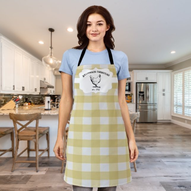 Tabliers de poulet de ferme à carreaux Buffalo jau (Yellow Buffalo Plaid Farm Chicken Personalized Apron)