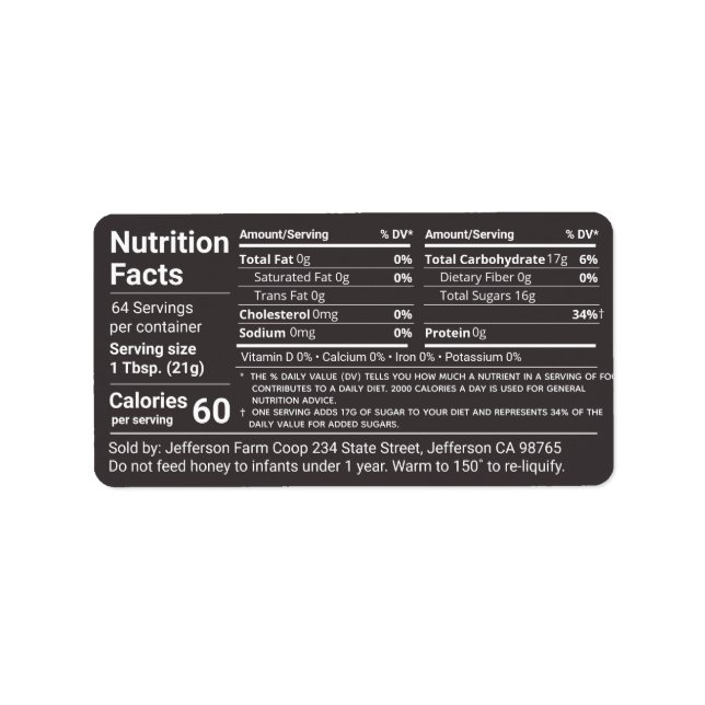 Tabular Honey Nutrition Facts Jet Black Label (Front)