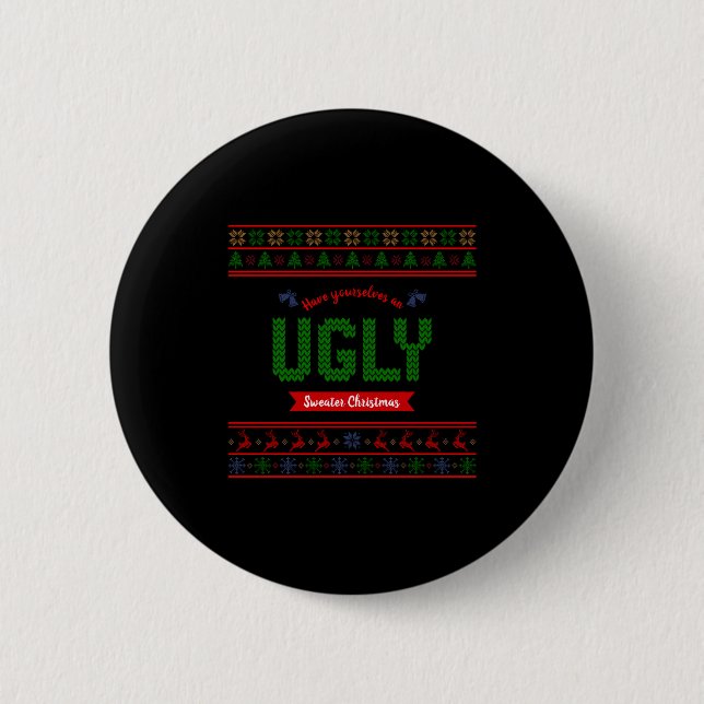 Tacky Christmas Nordic Knit Pattern Red Green Ugly 2 Inch Round Button (Front)