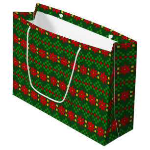 Tacky Sweater Style Christmas Poinsettias Large Gift Bag