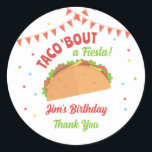 Taco About a Fiesta Birthday Party Classic Round Sticker<br><div class="desc">This colourful sticker is perfect to celebrate a birthday party with a taco or Mexican theme. It features an illustration with a taco,  a flag banner and confetti. The words "taco 'bout a fiesta" complete this festive and colourful design.</div>