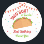 Taco About a Fiesta Birthday Party Classic Round Sticker<br><div class="desc">This colourful sticker is perfect to celebrate a birthday party with a taco or Mexican theme. It features an illustration with a taco,  a flag banner and confetti. The words "taco 'bout a fiesta" complete this festive and colourful design.</div>
