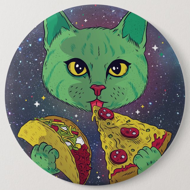 Taco and Pizza Cosmic Space Cat 6 Inch Round Button (Front)