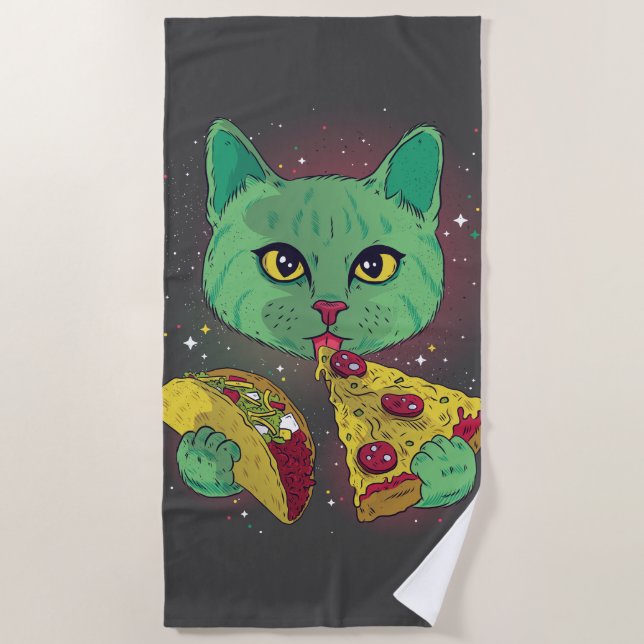Taco and Pizza Cosmic Space Cat Beach Towel (Front)