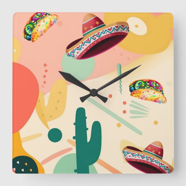 Taco and Sombrero Party Square Wall Clock (Front)