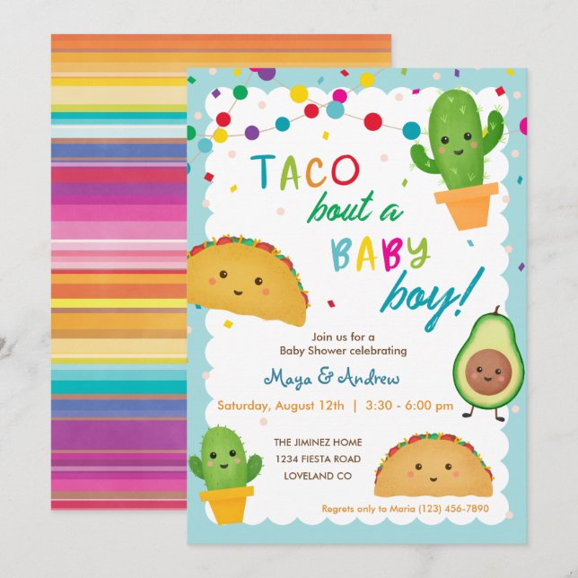 Taco bout a baby boy - fiesta theme baby shower in invitation (Front/Back)