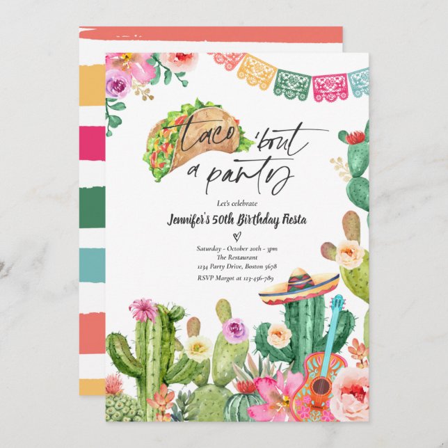 Taco 'Bout A Party 50th Birthday Fiesta Cactus Invitation (Front/Back)