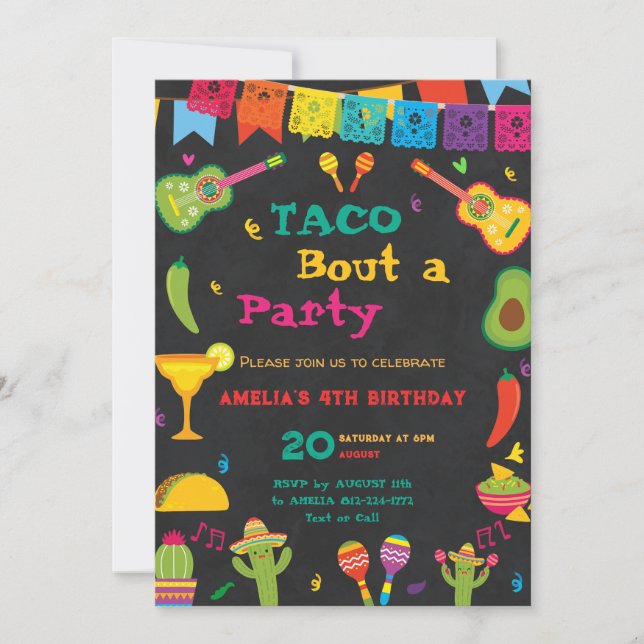Taco Bout' Fun 4th Birthday Fiesta Mexican Party Invitation (Front)