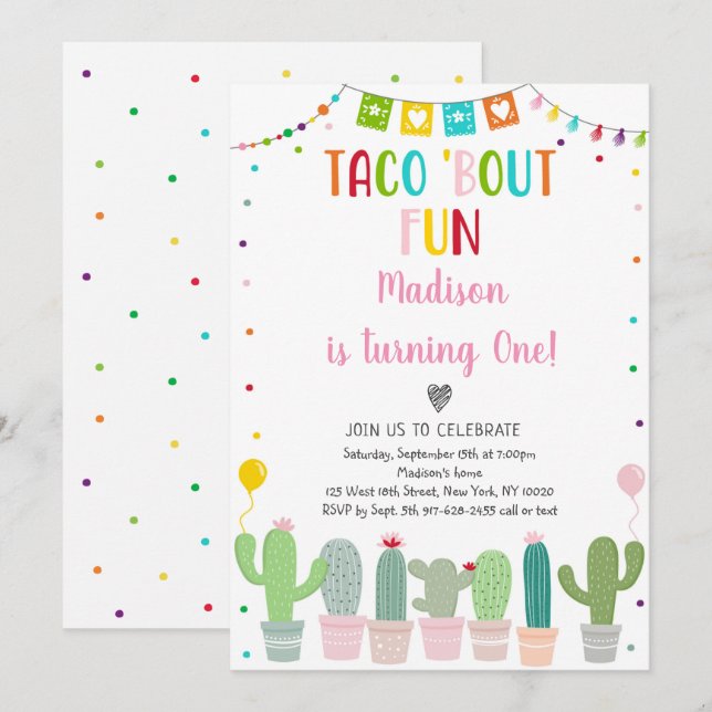 Taco Bout Fun Cactus Fiesta Girl Birthday Invitation (Front/Back)