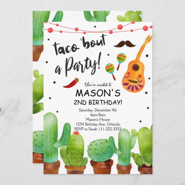 Taco Bout Party Fiesta Aquarelle Cactus Invitation (Devant / Derrière)