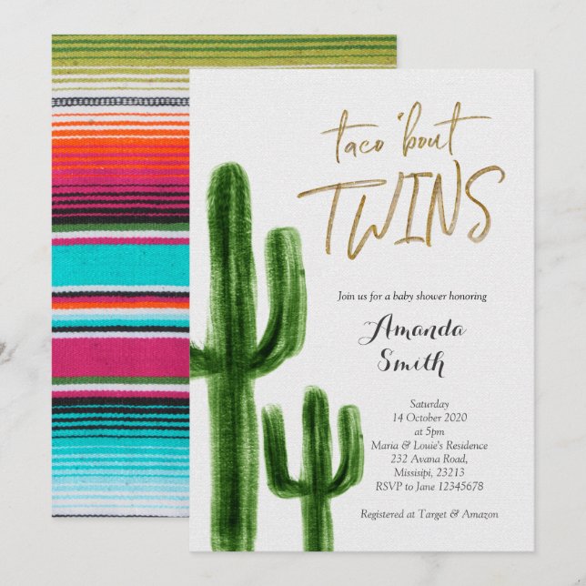 Taco bout twins Cactus baby Shower Invite card (Front/Back)
