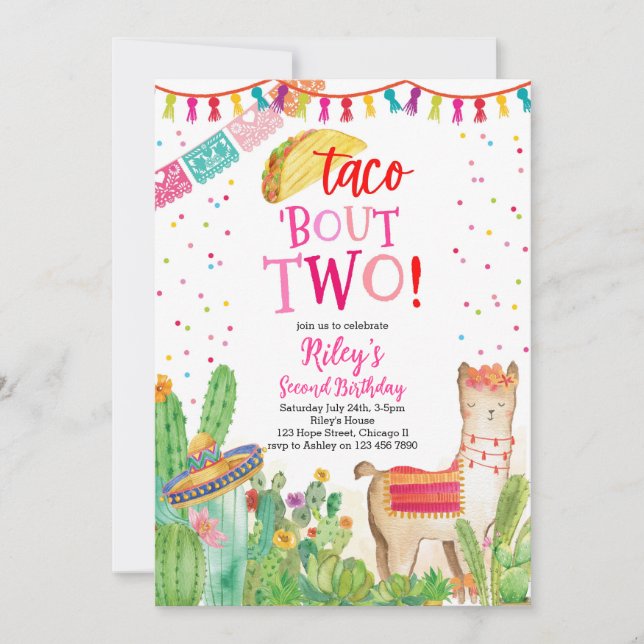 Taco Bout Two Fiesta Girl 2e Invitation anniversai (Devant)