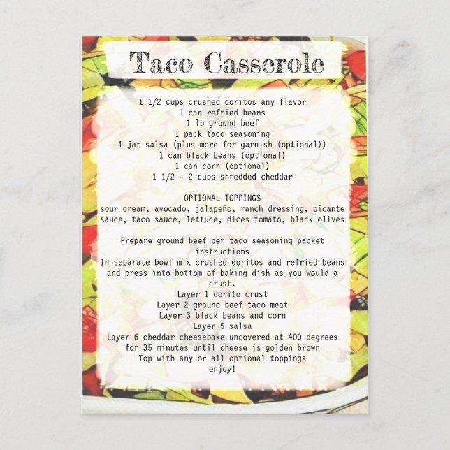 Taco casserole recipe card (Front)