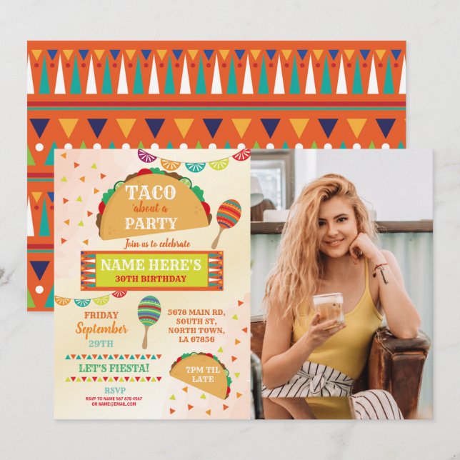 Taco Fiesta Birthday Party Mexican Bright Photo Invitation (Front/Back)