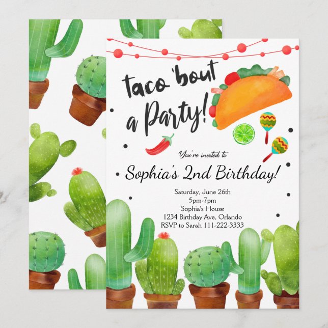 Taco Fiesta Bout Party Aquarelle Cactus Invitation (Devant / Derrière)