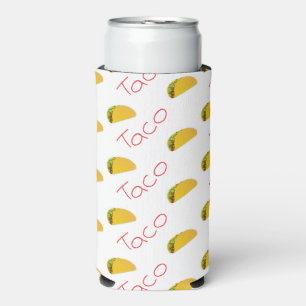 Taco pattern with red text on white seltzer can cooler