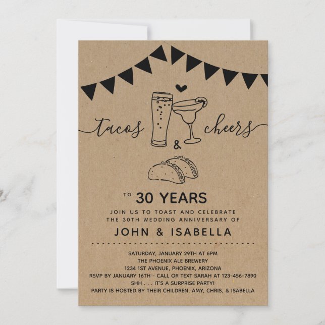 Taco Tequila Cheers & Beers Wedding Anniversary Invitation (Front)