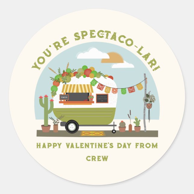 Taco Truck Pun Green Camper School Valentine  Classic Round Sticker (Front)