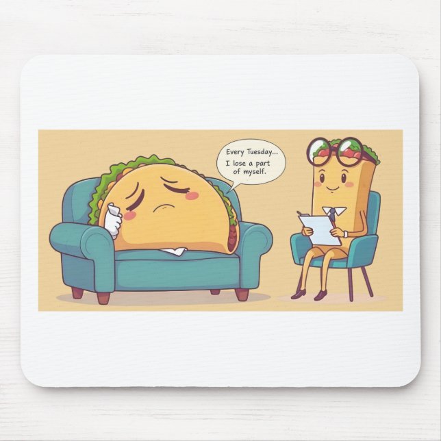 Taco Tuesday Therapy - Funny Cartoon Food Art Mouse Pad (Front)