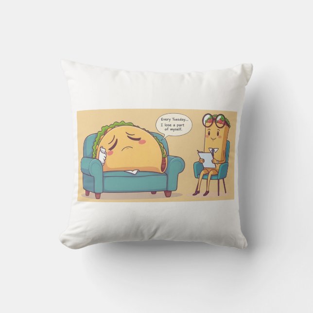 Taco Tuesday Therapy - Funny Cartoon Food Art Throw Pillow (Front)