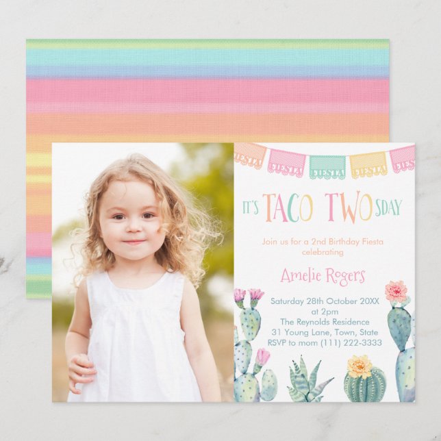 Taco TWO-sday 2nd Birthday Party for Girl Picture Invitation (Front/Back)