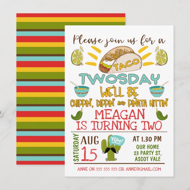 Taco Twosday 2nd Birthday Invitation (Front/Back)