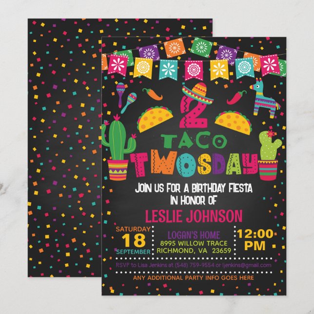 Taco TWOsday 2nd Birthday Invitation - Blk (Front/Back)