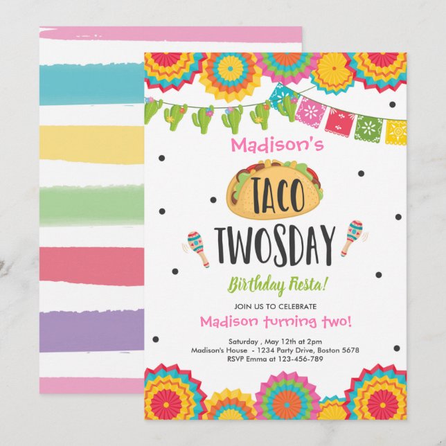 Taco Twosday Birthday Fiesta 2nd Birthday Party In Invitation (Front/Back)