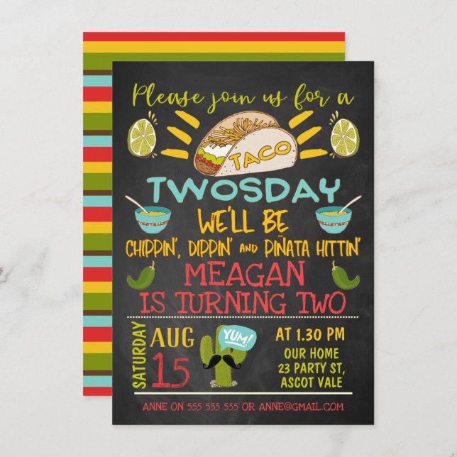Taco Twosday Chalkboard 2e Invitation d'anniversai (Devant / Derrière)