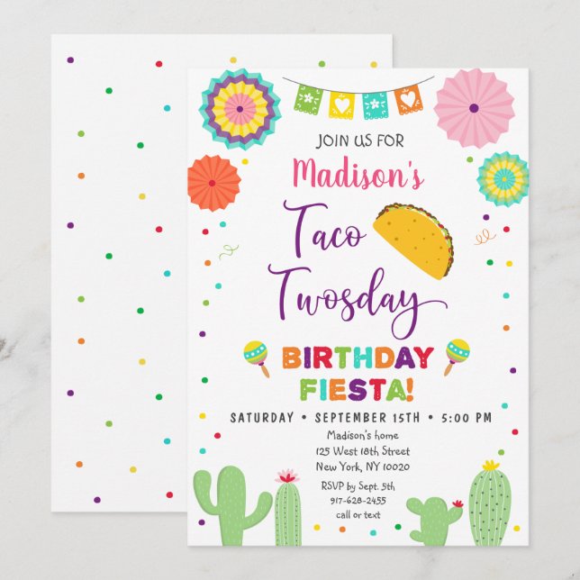 Taco Twosday Fiesta Cactus Birthday Invitation (Front/Back)