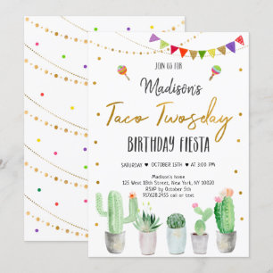 Taco Twosday Gold Fiesta Birthday Invitation
