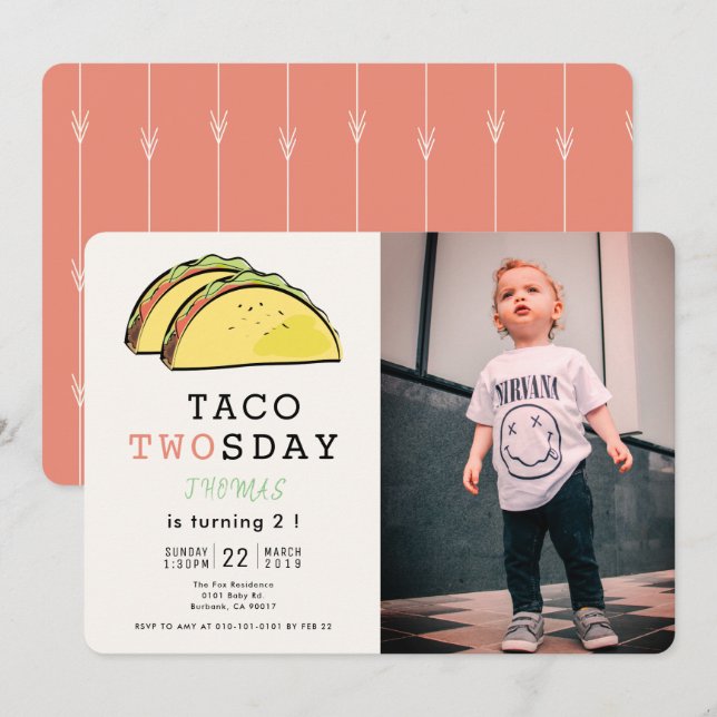 Taco Twosday Mexican Fiesta Photo 2nd Birthday Invitation (Front/Back)