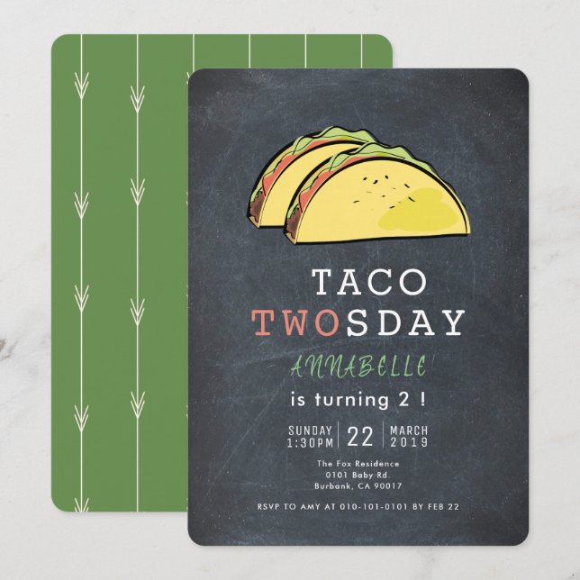 Taco Twosday Tuesday Chalkboard 2nd Birthday Invitation (Front/Back)