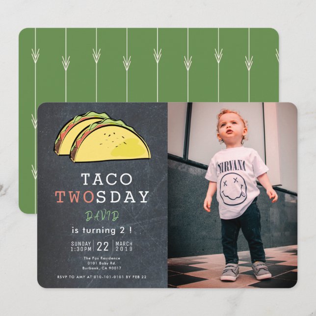 Taco Twosday Tuesday Chalkboard Photo 2nd Birthday Invitation (Front/Back)