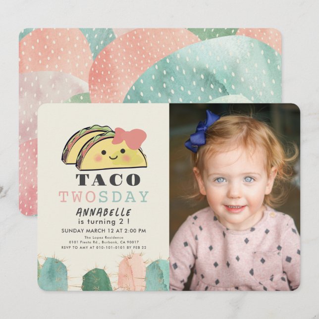 Taco Twosday Tuesday Kawaii 2nd Birthday Photo Invitation (Front/Back)