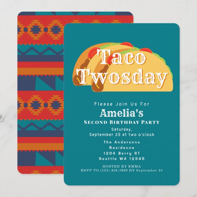 Taco Twosday Tuesday Kids 2nd Birthday Invitation (Front/Back)