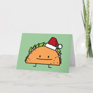 Taco wearing Santa Hat Christmas shell meat salsa Holiday Card